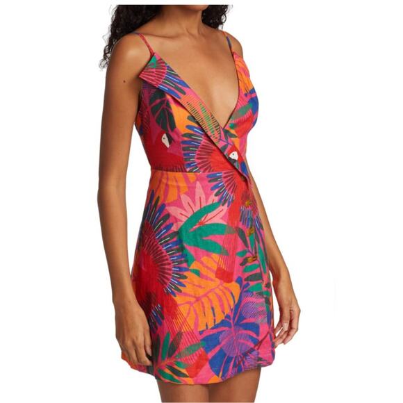 Farm Rio Linen Bright Macaw Side Buttons Mini Dress Size Large - Picture 9 of 10